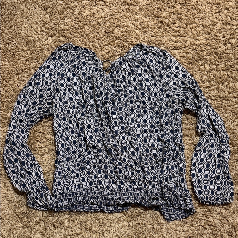 Lucky Brand Navy and White Circle Print Blouse XL